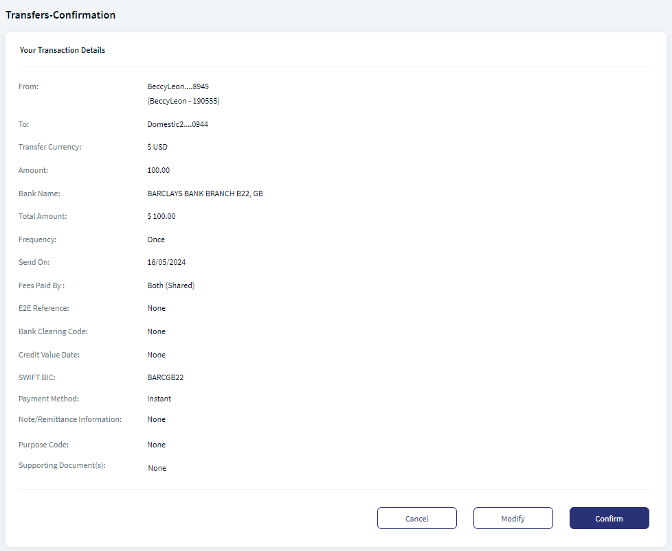 Domestic Transfer Confirmation